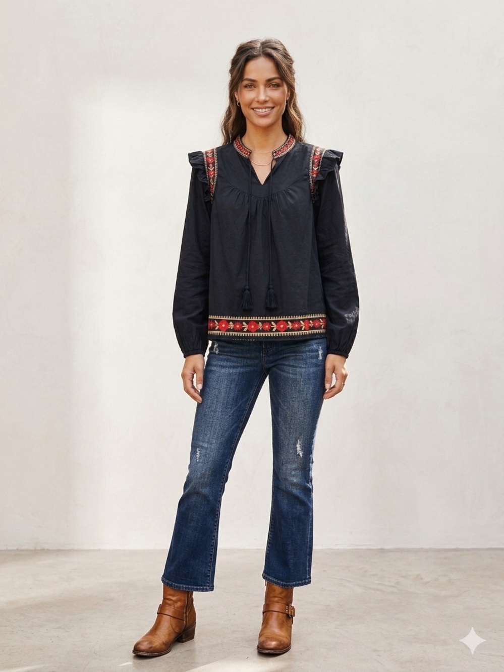 NWT Savanna Jane "Red❤️Embroidered Floral Ruffle Shoulder Black🖤Peasant Top” SML